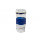 Glas-Thermobecher mit blauer Silikonbanderole